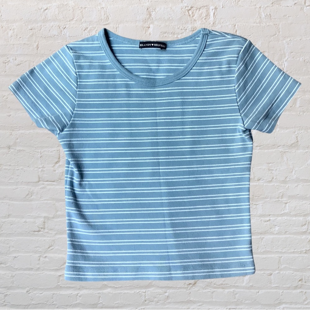Brandy Melville Blue Striped Baby Tee Y2K Fitted Short Sleeve Scoop Neck Top